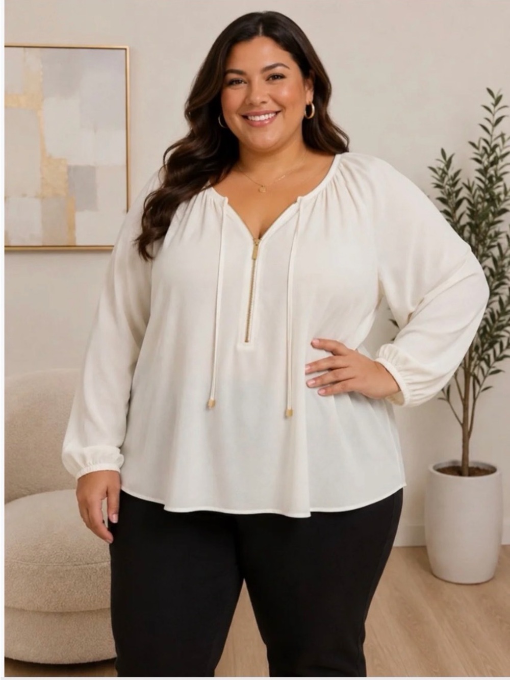 MICHAEL Michael Kors Cream Zip-Pullover Peasant Top